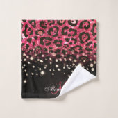 Pink Glitzer Leopard Print und Diamonds Badhandtuch Set (Waschlappen)