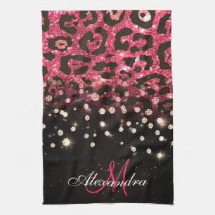 Pink Glitzer Leopard Print und Diamonds Geschirrtuch