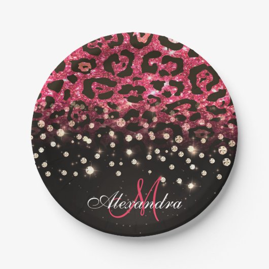 Pink Glitzer Leopard Print und Diamonds Pappteller (Vorderseite)