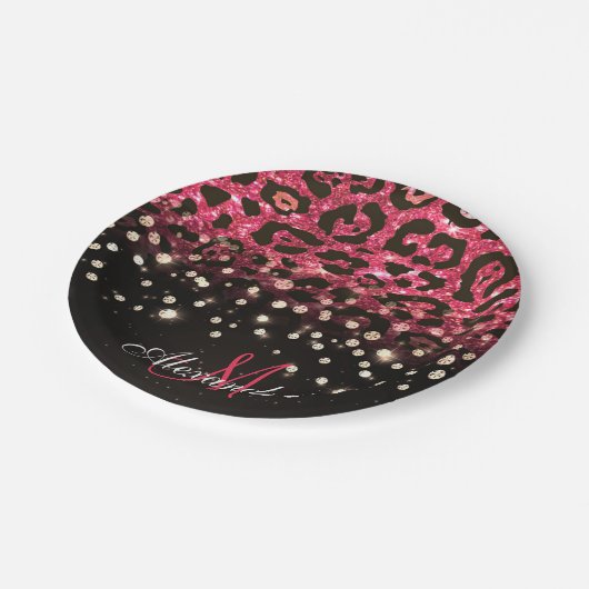Pink Glitzer Leopard Print und Diamonds Pappteller (Schrägansicht)