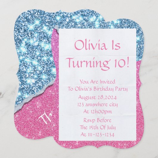 PINK GLITZER MÄDCHEN EINLADUNG (Vorne/Hinten)