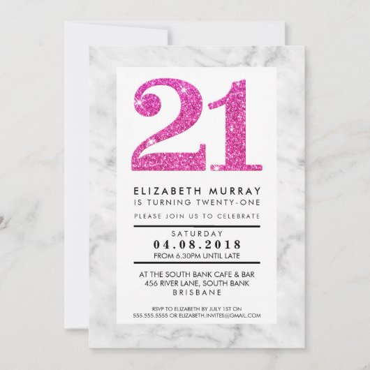 PINK GLITZER NUMBER 21 21st INVITE Einfacher Marmo Einladung (Vorderseite)