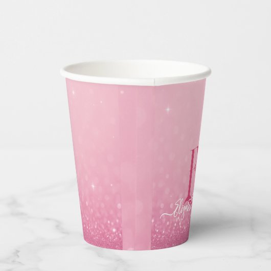 Pink Glitzer Paper Cup mit Name & Initialen Pappbecher (Rechts)