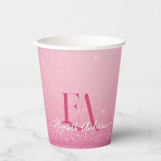 Pink Glitzer Paper Cup mit Name & Initialen Pappbecher (Vorderseite)