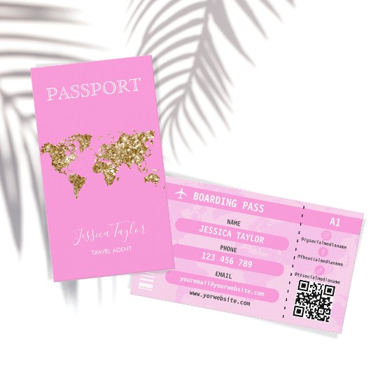 Pink Glitzer Pass World Map Boarding Pass Visitenkarte