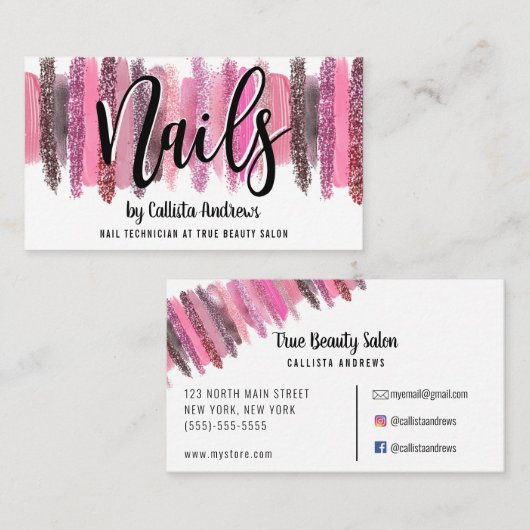 Pink Glitzer Polnischer Pinselstrich Nageltechnike Visitenkarte (Vorne/Hinten)