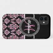 PINK GLITZER SCHWARZ DAMASK IHR MONOGRAMM Case-Mate iPhone HÜLLE (Rückseite (Horizontal))
