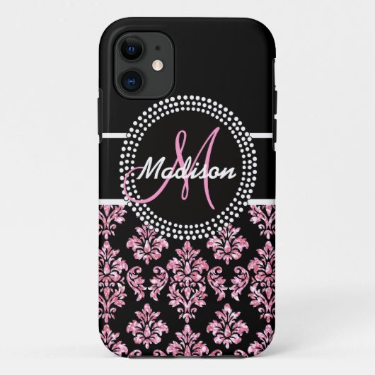 PINK GLITZER SCHWARZ DAMASK IHR MONOGRAMM Case-Mate iPhone HÜLLE (Rückseite)