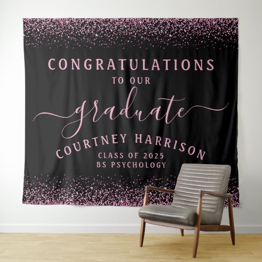 Pink Glitzer Script Calligraphy Black Abschluss Wandteppich (Beispiel (Horizontal))