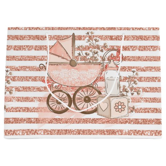 PINK GLITZER SEHEN BABY GIRL PRAM & BLUME GROßE GESCHENKTÜTE (Vorderseite)