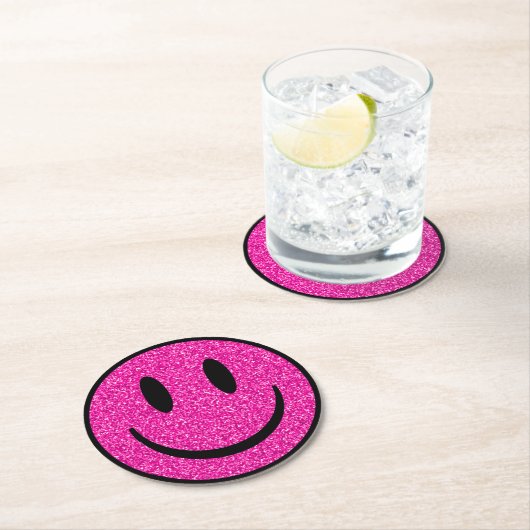 Pink Glitzer Smile Face Runder Pappuntersetzer (Vor Ort)