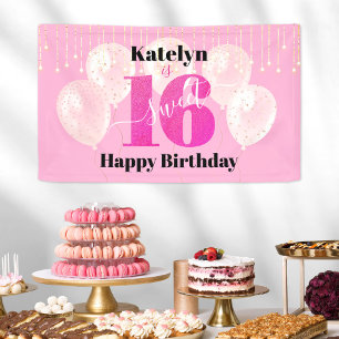 Pink Glitzer Sweet 16 Birthday Balloons Script Banner