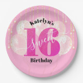 Pink Glitzer Sweet 16 Birthday Balloons Script Pappteller (Vorderseite)