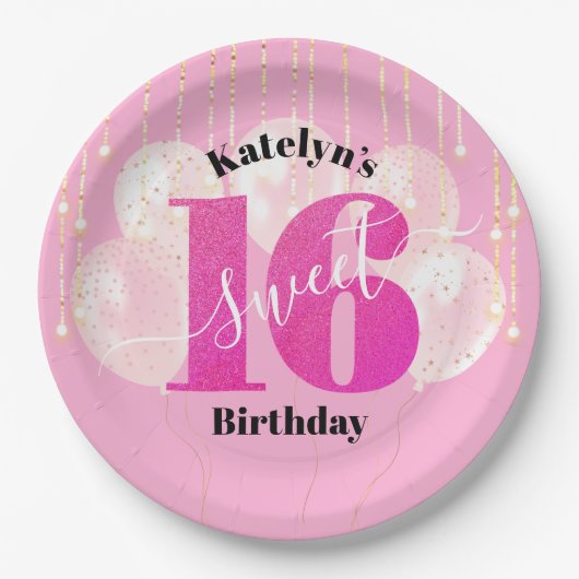 Pink Glitzer Sweet 16 Birthday Balloons Script Pappteller (Vorderseite)