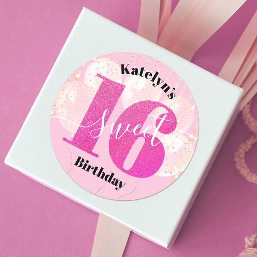 Pink Glitzer Sweet 16 Birthday Balloons Script Runder Aufkleber
