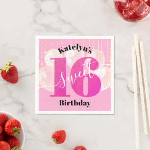 Pink Glitzer Sweet 16 Birthday Balloons Script Serviette