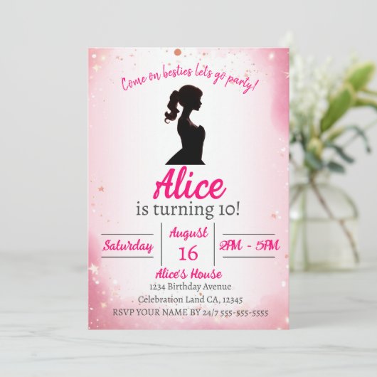 Pink Glitzer Theme Doll Geburtstag Einladung (Stehend Vorderseite)