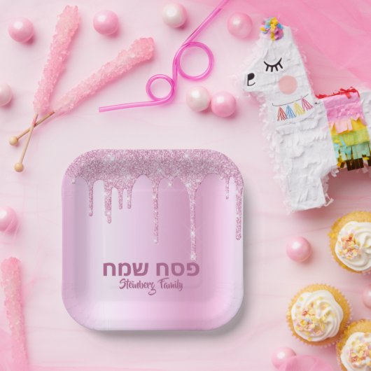 Pink Glitzer Tropfen Hebräischer Pesach Sameach Pe Pappteller (Party)