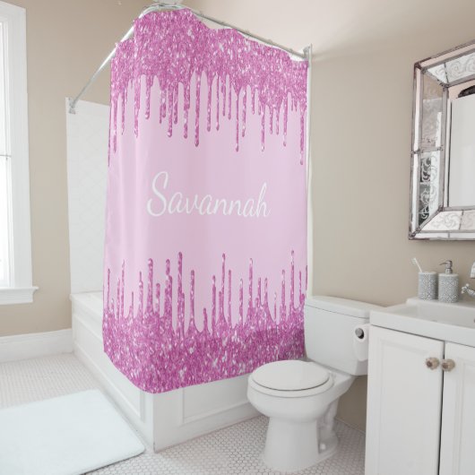 Pink Glitzer Tropfen Monogramm Namensskript Duschvorhang (Beispiel)