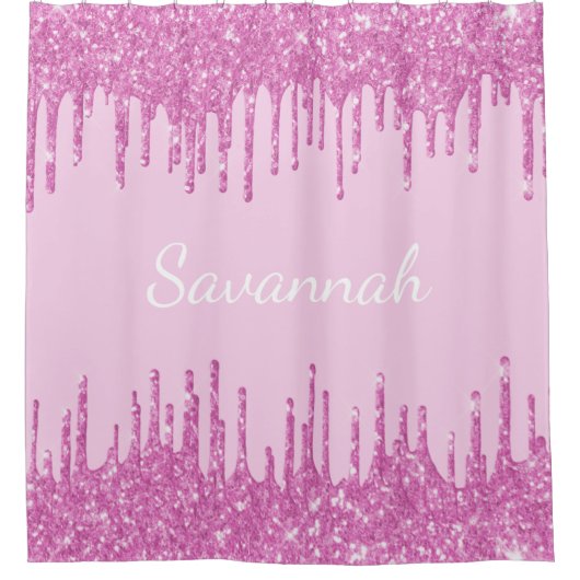 Pink Glitzer Tropfen Monogramm Namensskript Duschvorhang (Vorderseite)