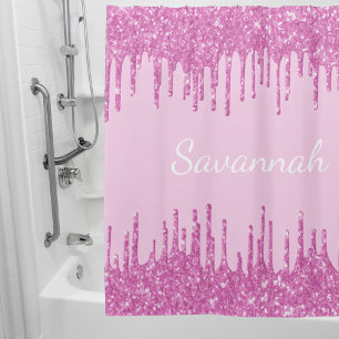 Pink Glitzer Tropfen Monogramm Namensskript Duschvorhang
