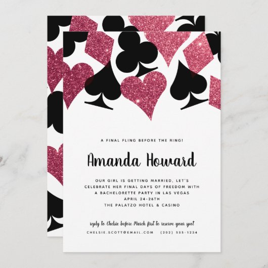 Pink Glitzer Vegas Thema Junggeselinnen-Abschied l Einladung (Vorne/Hinten)