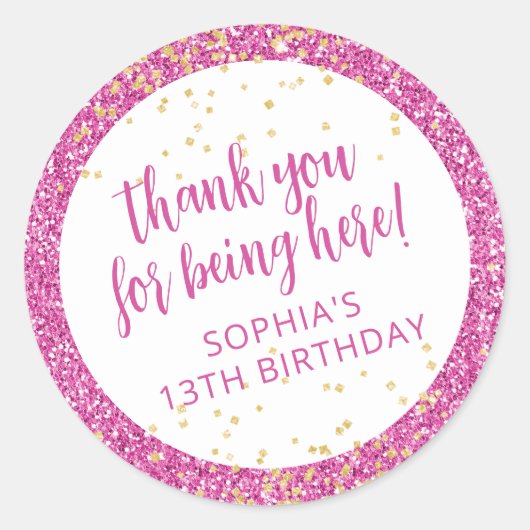 Pink Glitzer Vielen Dank, dass Sie Geburtstag Gefa Runder Aufkleber (Vorderseite)