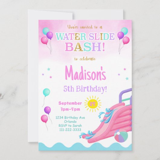 Pink Glitzer Waterslide Bash Girls Einladung zum G (Vorderseite)