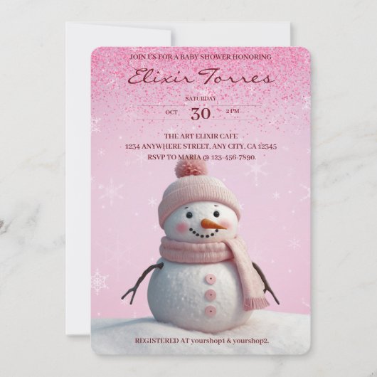Pink Glitzer Winter Snowman Babydusche Einladung (Vorderseite)