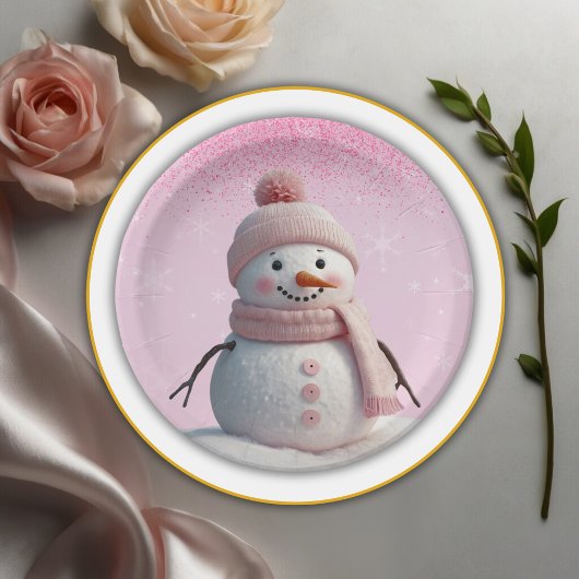 Pink Glitzer Winter Snowman Babydusche Pappteller