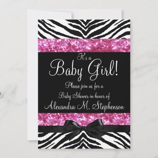 Pink Glitzer Zebra Bow Baby Shower Girl Einladung (Vorderseite)