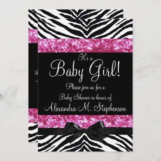 Pink Glitzer Zebra Bow Baby Shower Girl Einladung (Vorne/Hinten)