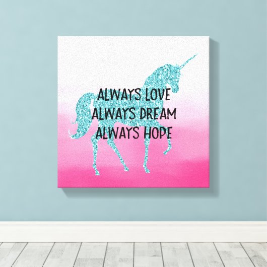 Pink Glitzy Glitzer Aqua Unicorn Leinwanddruck (Insitu (Holzboden))
