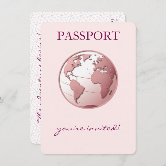 Pink Globe Passport Travel Baby Shower Einladung (Vorne/Hinten)