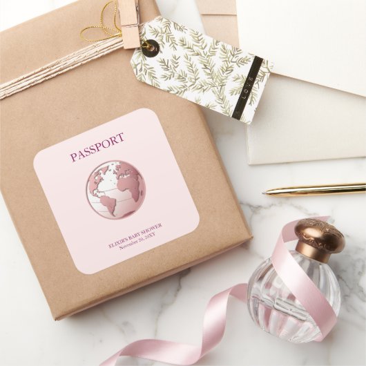 Pink Globe Passport Travel Baby Shower Quadratischer Aufkleber (Schenken)