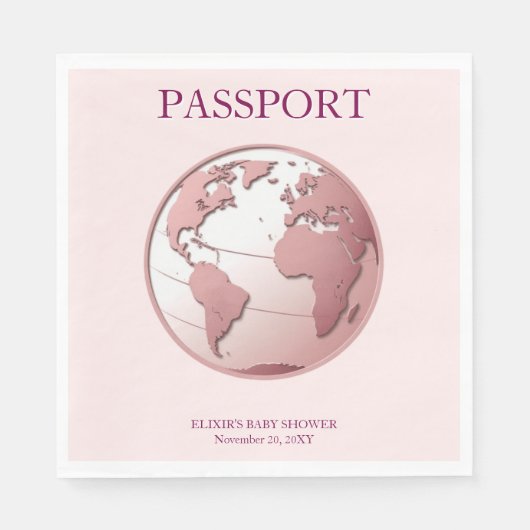 Pink Globe Passport Travel Baby Shower Serviette (Vorderseite)