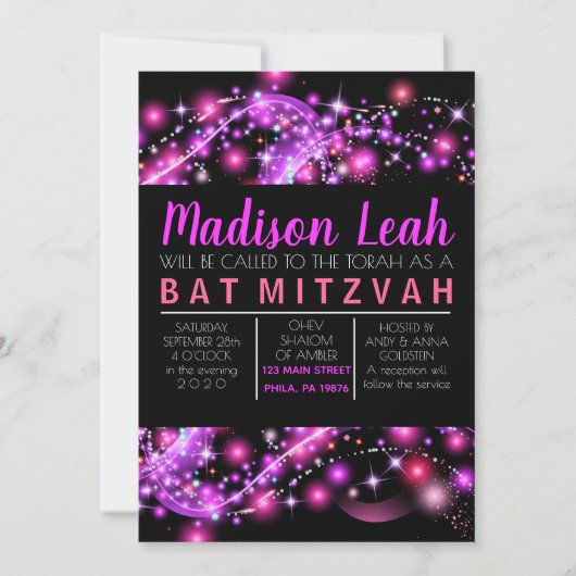 PINK GLOWING STARS Bat Mitzvah Einladung (Vorderseite)