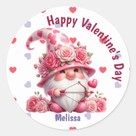 Pink Gnome Valentine Cupid Runder Aufkleber