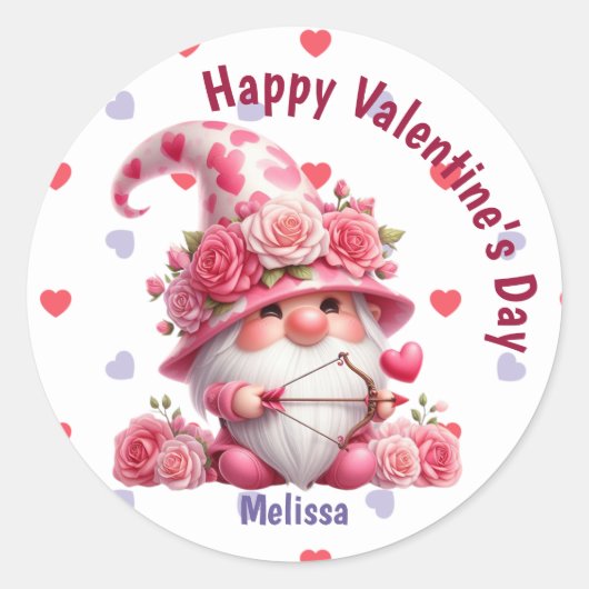 Pink Gnome Valentine Cupid Runder Aufkleber (Vorderseite)