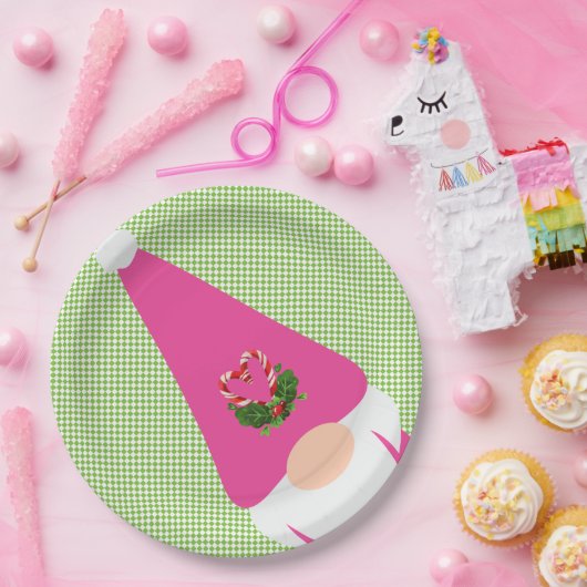 Pink gnome Weihnachten Grün Schachbrett Spaß festl Pappteller (Party)