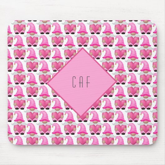 Pink Gnomes Hearts Monogram Woodland Niedlich Mousepad (Vorne)