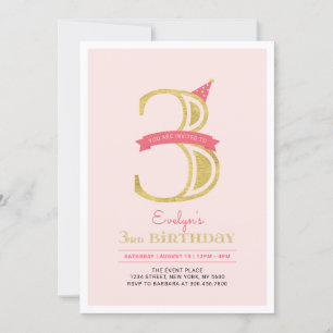Pink & Gold    3. Geburtstagsfeier für Mädchen Einladung