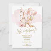 Pink & Gold 50. Geburtstag, Champagner & Heels Einladung (Vorderseite)