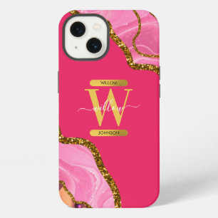 Pink & Gold Achat Geode Monogramm iPhone 13 Hülle