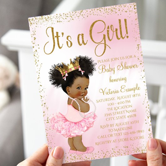 Pink Gold African American Princess Baby Dusche Einladung