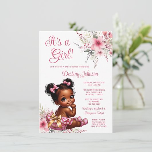 Pink Gold Afro Puff Ruffle Pant Girl Babydusche Einladung (Stehend Vorderseite)