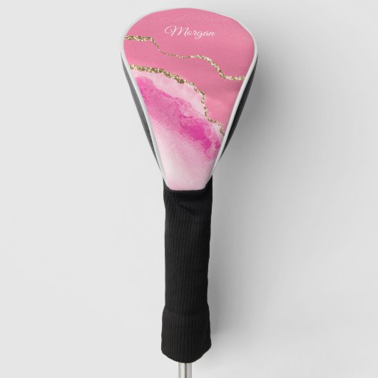 Pink & Gold Agate, DIREKT Name Weißes Skript Golf Headcover (Vorderseite)