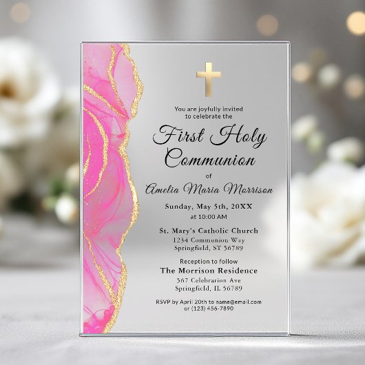 Pink Gold Agate First Holy Communion Girl Acryleinladungen