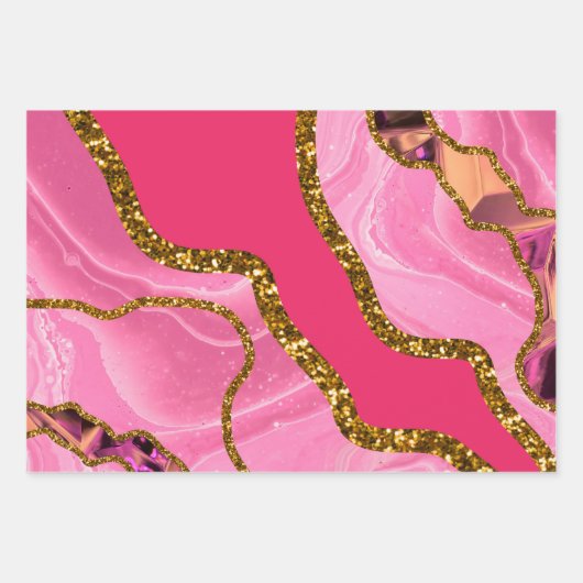 Pink & Gold Agate Geode Glitzer Geschenkpapier Set (Vorderseite)