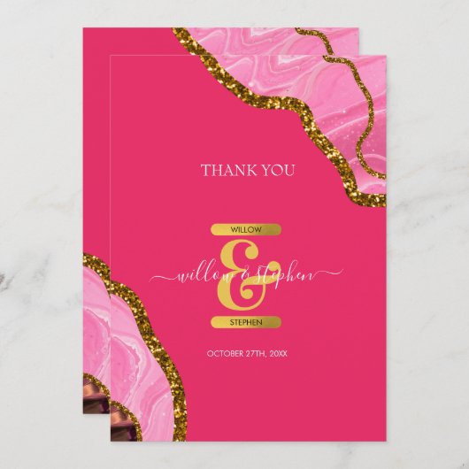 Pink & Gold Agate Geode Glitzer Hochzeit Dankeskarte (Vorne/Hinten)